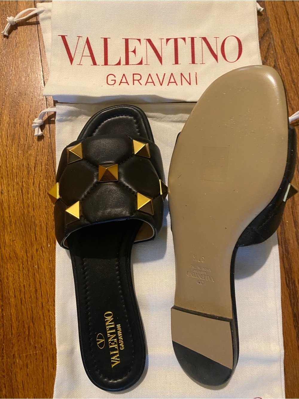 Valentino Garavani Black Rockstud Quilted Slide Sandals
